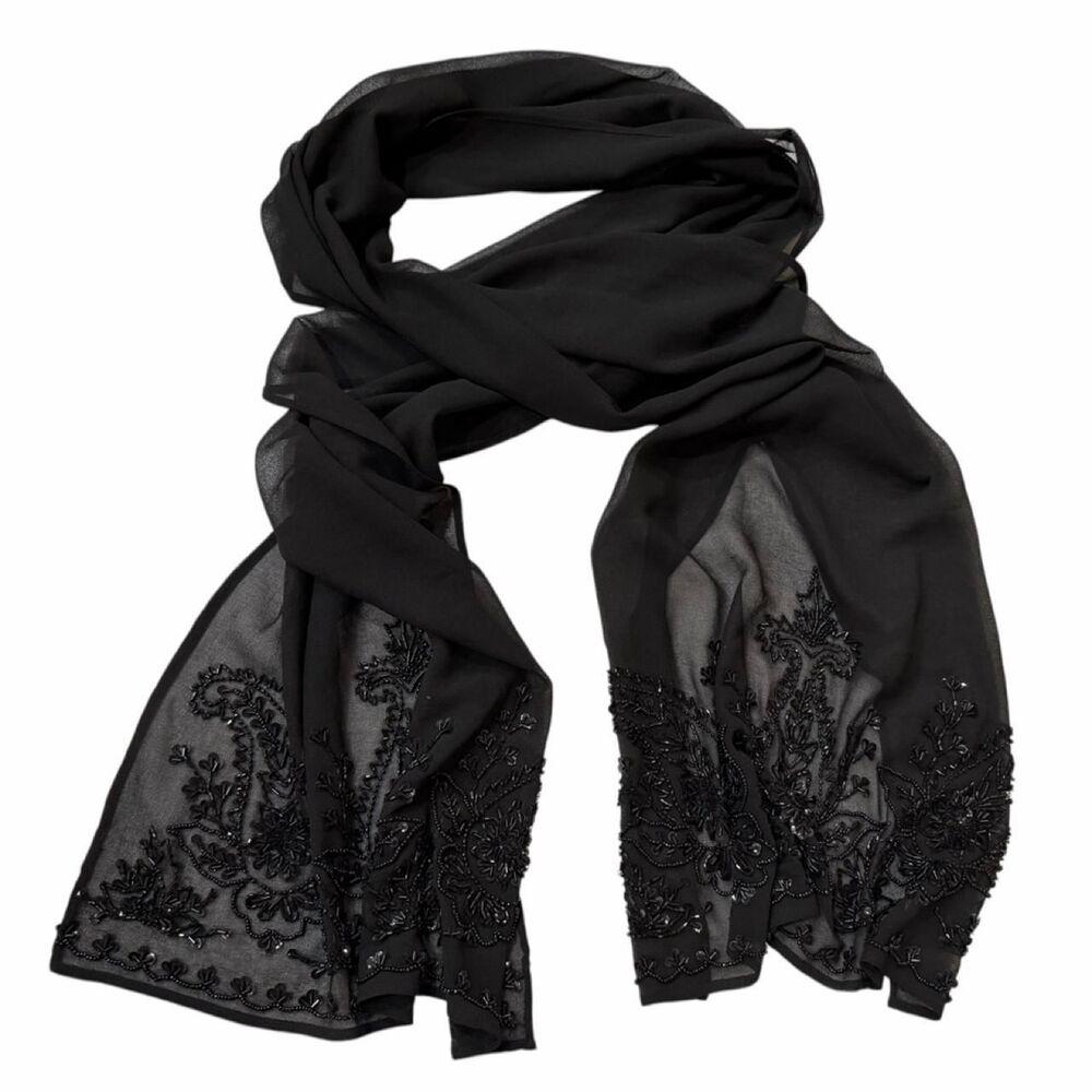 Black sheer scarf with black floral embroidery and beading